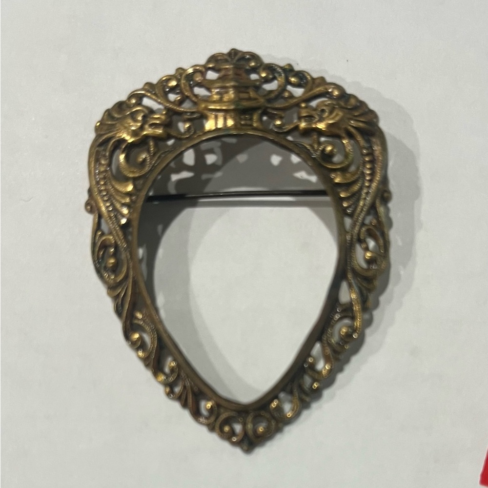 Vintage Brass Filigree Brooch: Asian Twin Dragon Pendant